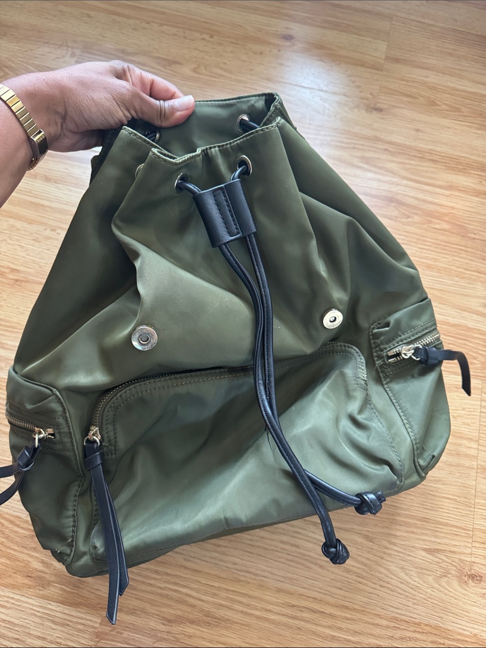 Olive Green Nylon Drawstring Backpack ✨ - Picture 5 of 9